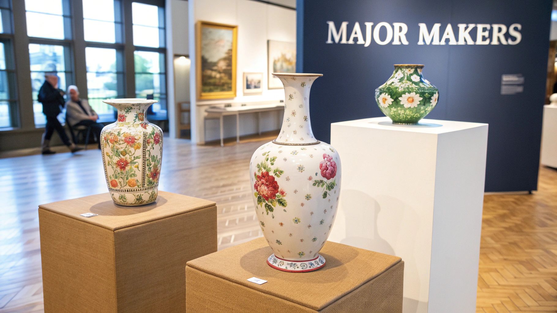 Three decorative porcelain vases with floral patterns displayed on pedestals in an art gallery exhibit.