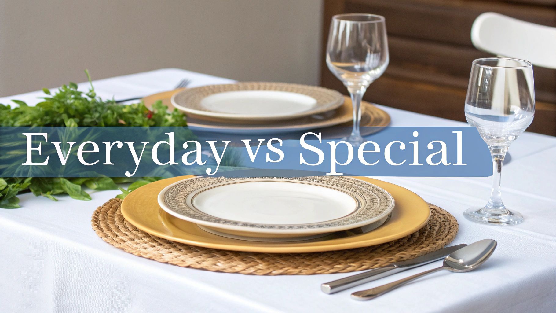 A beautifully set dining table comparing everyday and special place settings with elegant dinnerware.