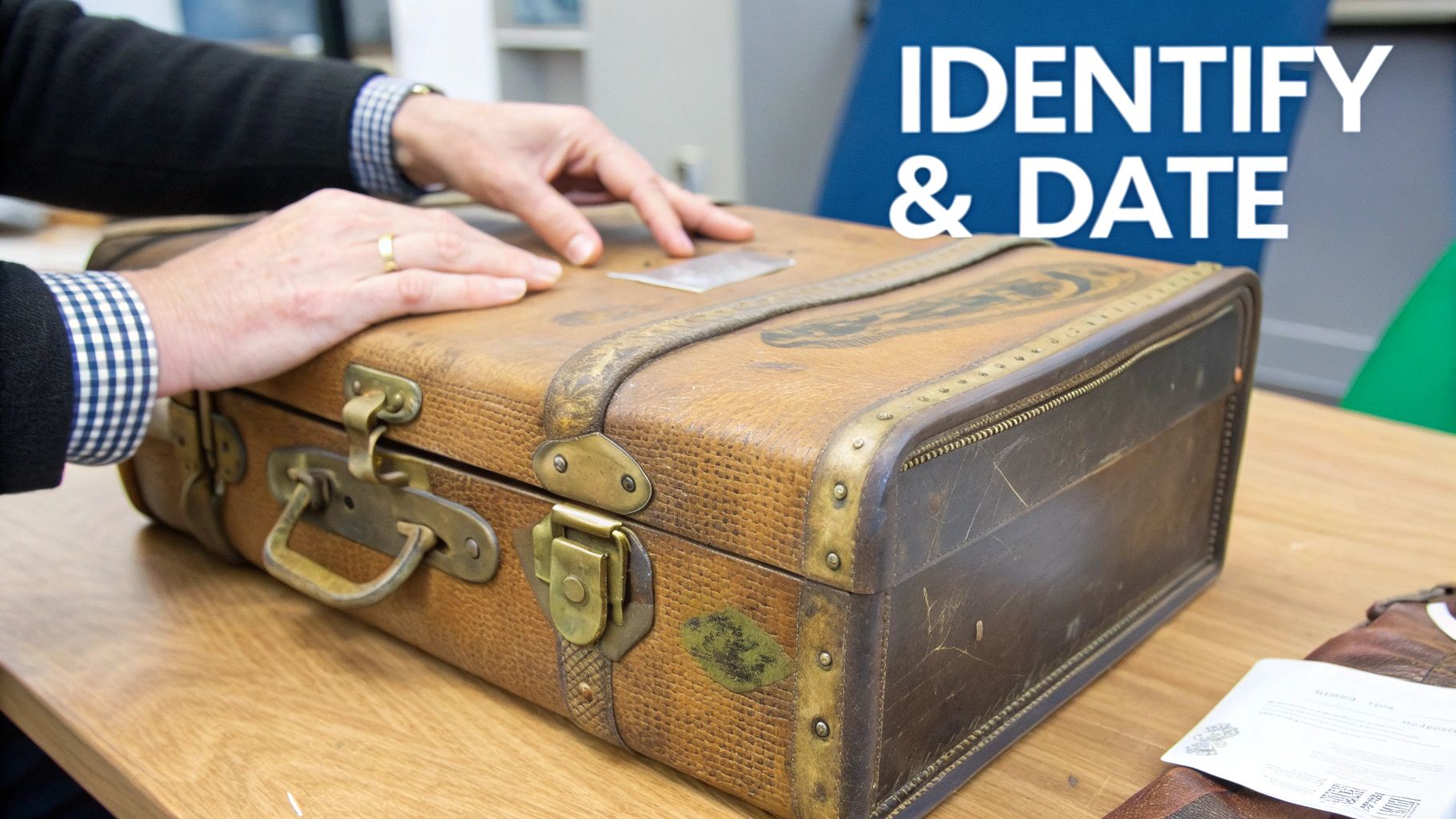 A person's hands resting on an old, brown leather suitcase with brass clasps and straps.