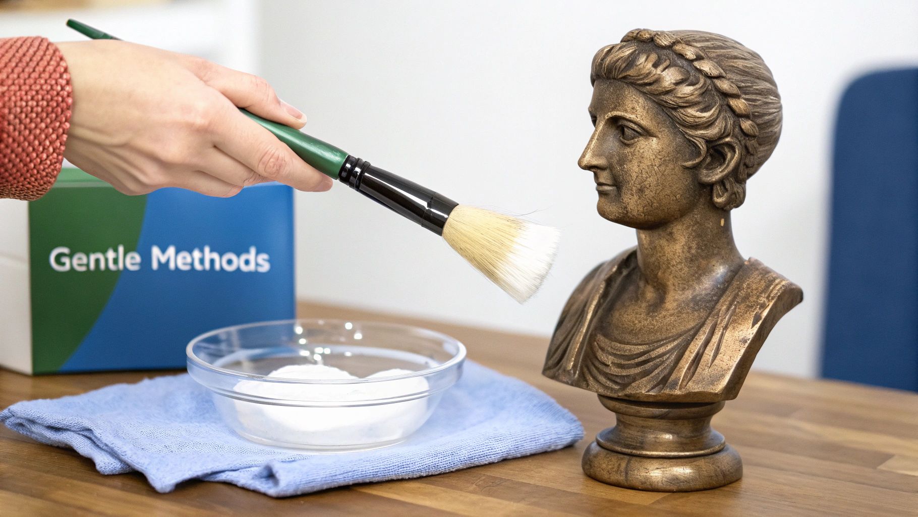 A hand uses a soft brush to gently dust a bronze bust, with a 'Gentle Methods' box nearby.