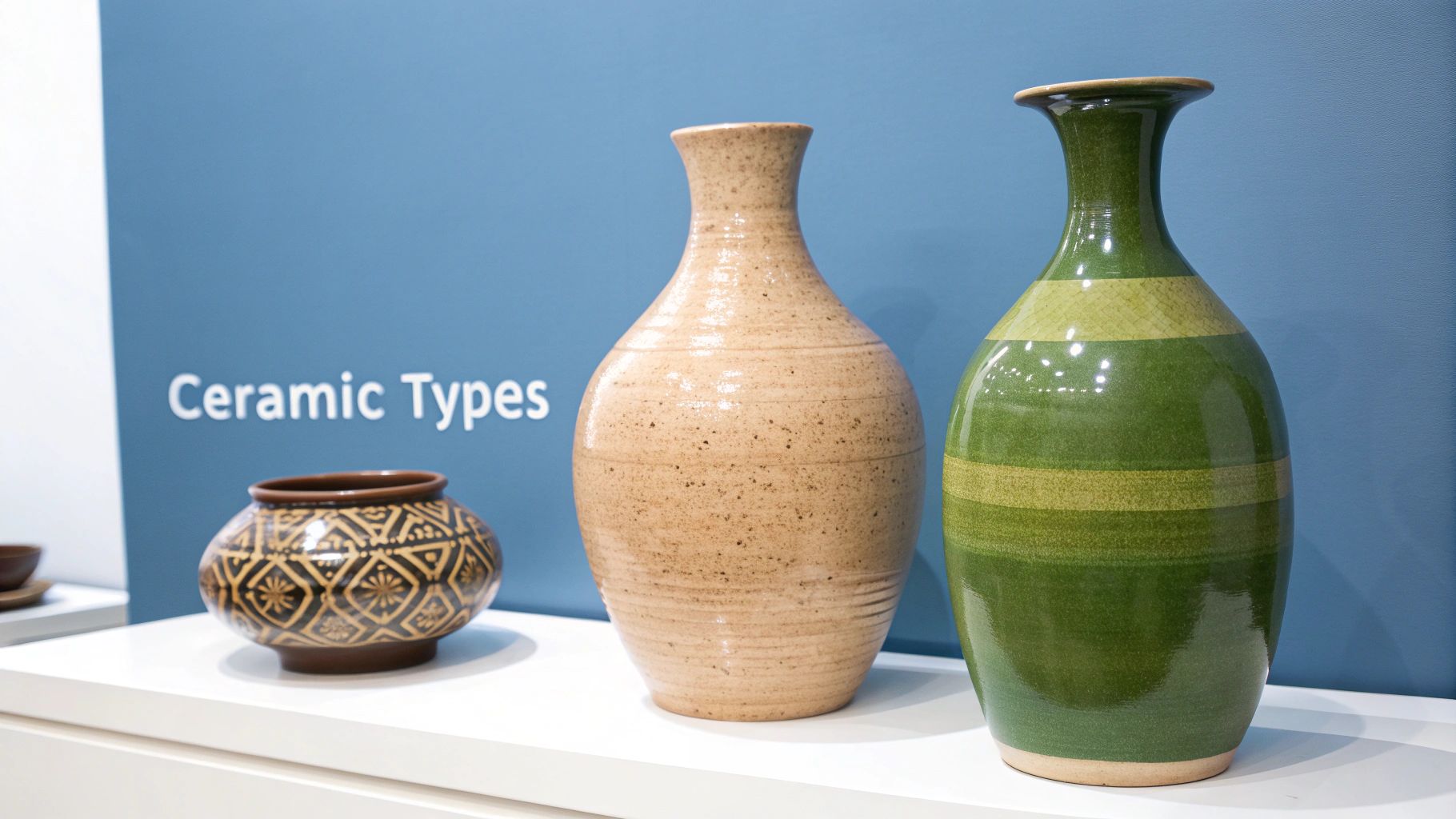 Three unique ceramic vases of different colors and designs displayed on a white shelf.