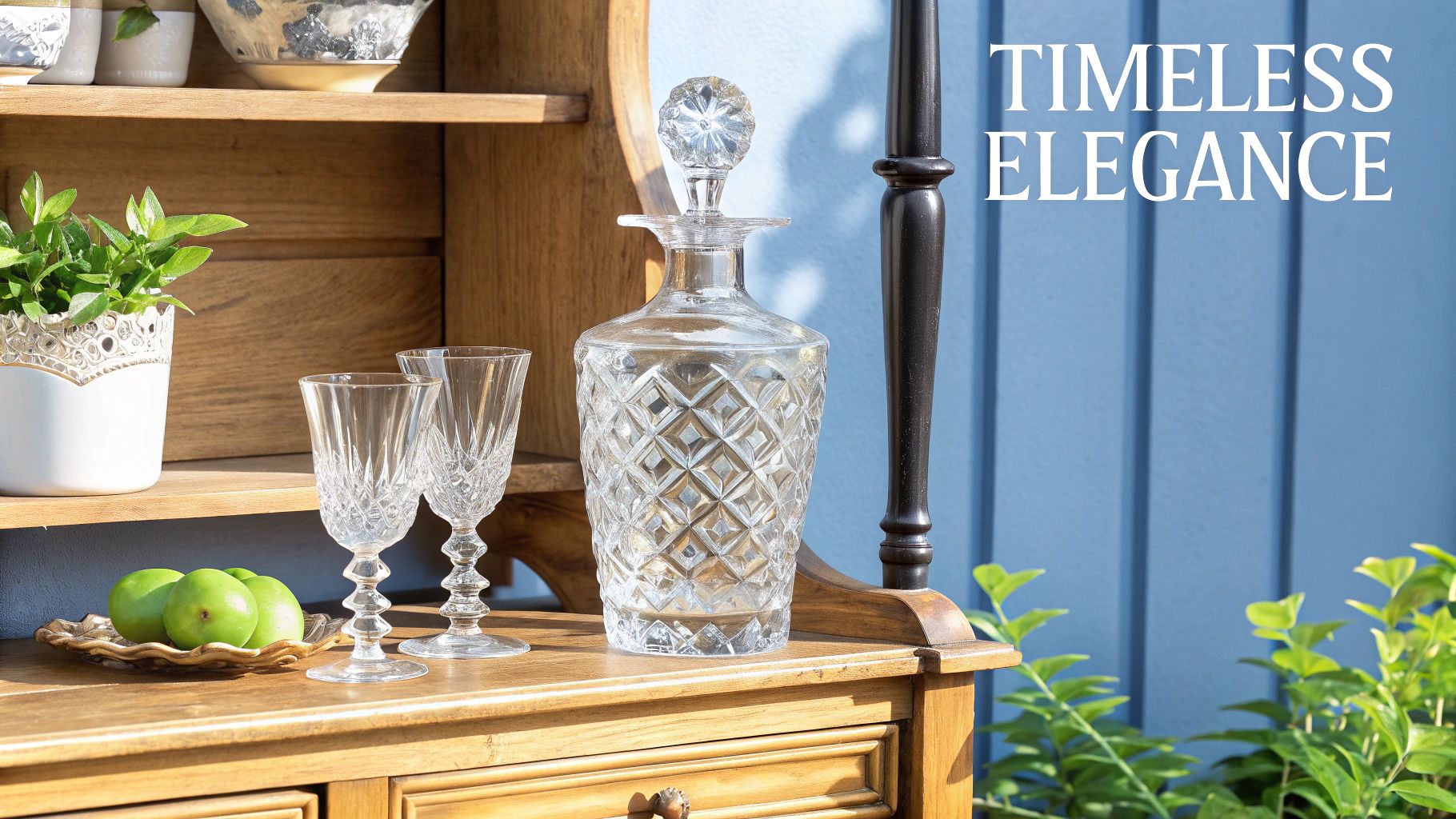 A collection of antique glassware crystal goblets and decanters sparkling in the light.
