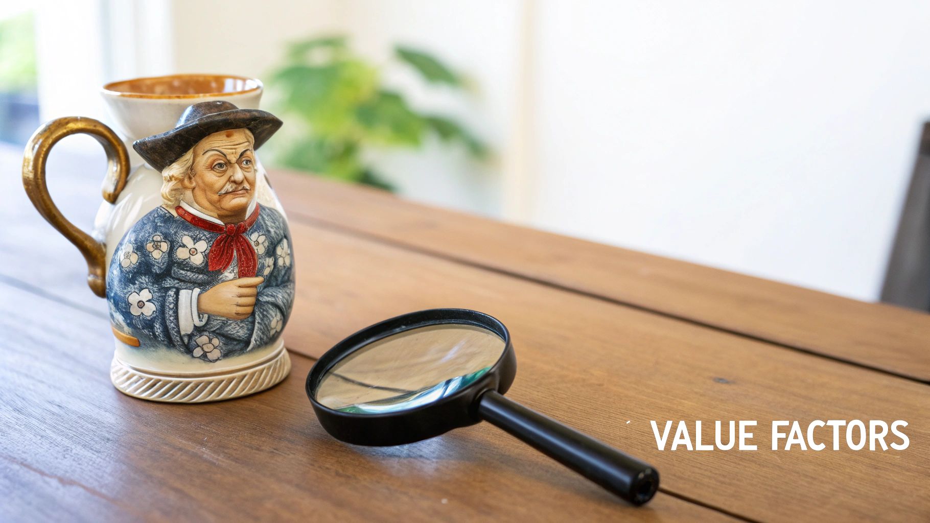 A Toby Jug of an old man and a magnifying glass on a wooden table, with 'VALUE FACTORS' text.