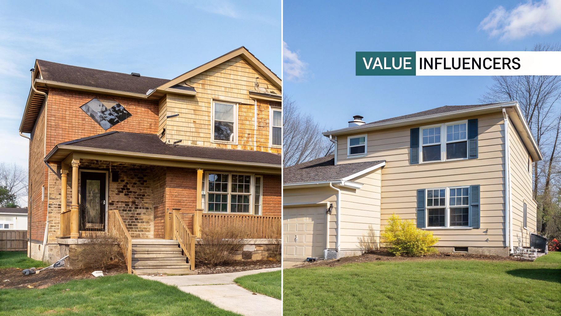 Two nearly identical homes side-by-side, one with a new roof and beautiful landscaping, and the other with a sagging roof and overgrown yard.
