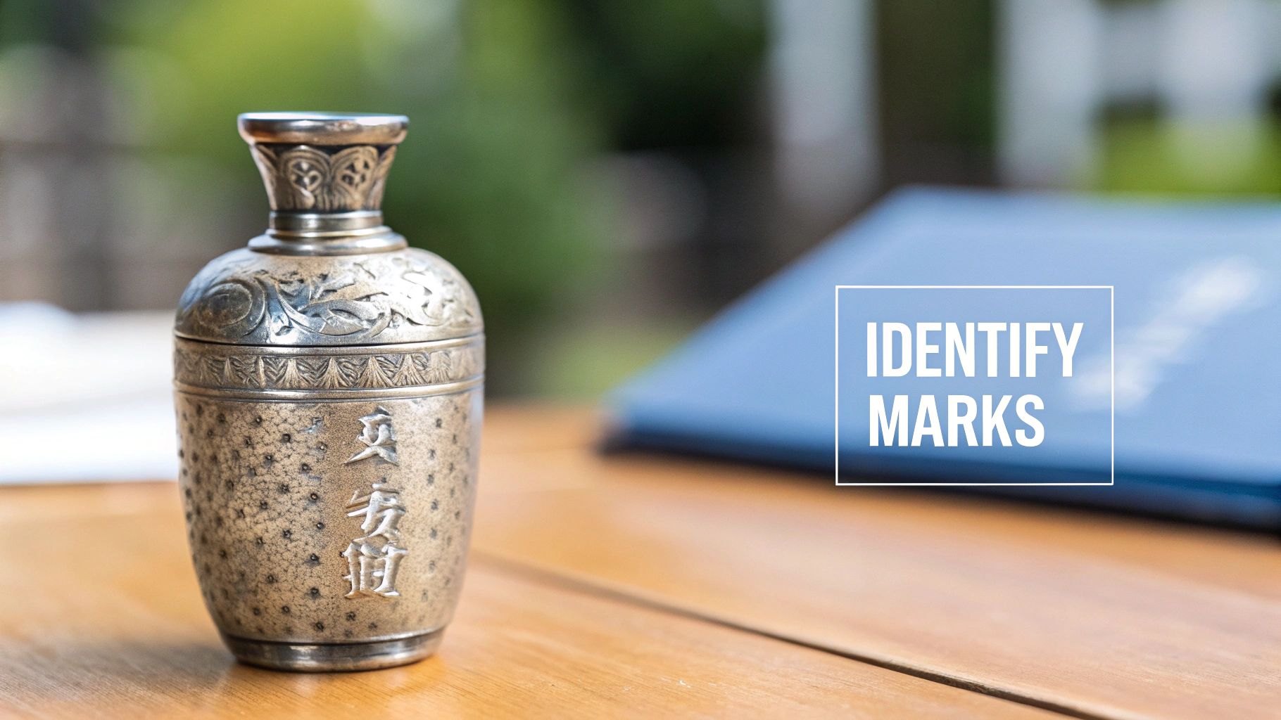 An antique silver vessel with intricate carvings and Chinese characters on a wooden table.