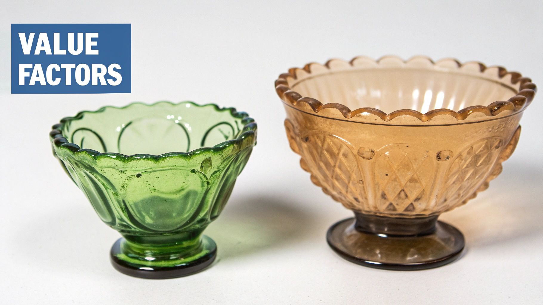Image displaying two antique patterned glass bowls, green and amber, alongside 'VALUE FACTORS' text.
