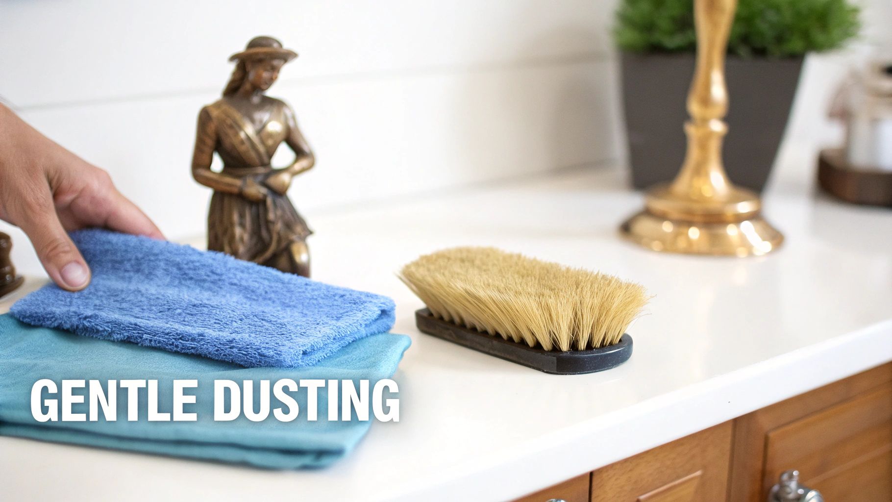 A hand places a blue dusting cloth on a white counter next to a brush and a bronze statue, with text 'GENTLE DUSTING'.