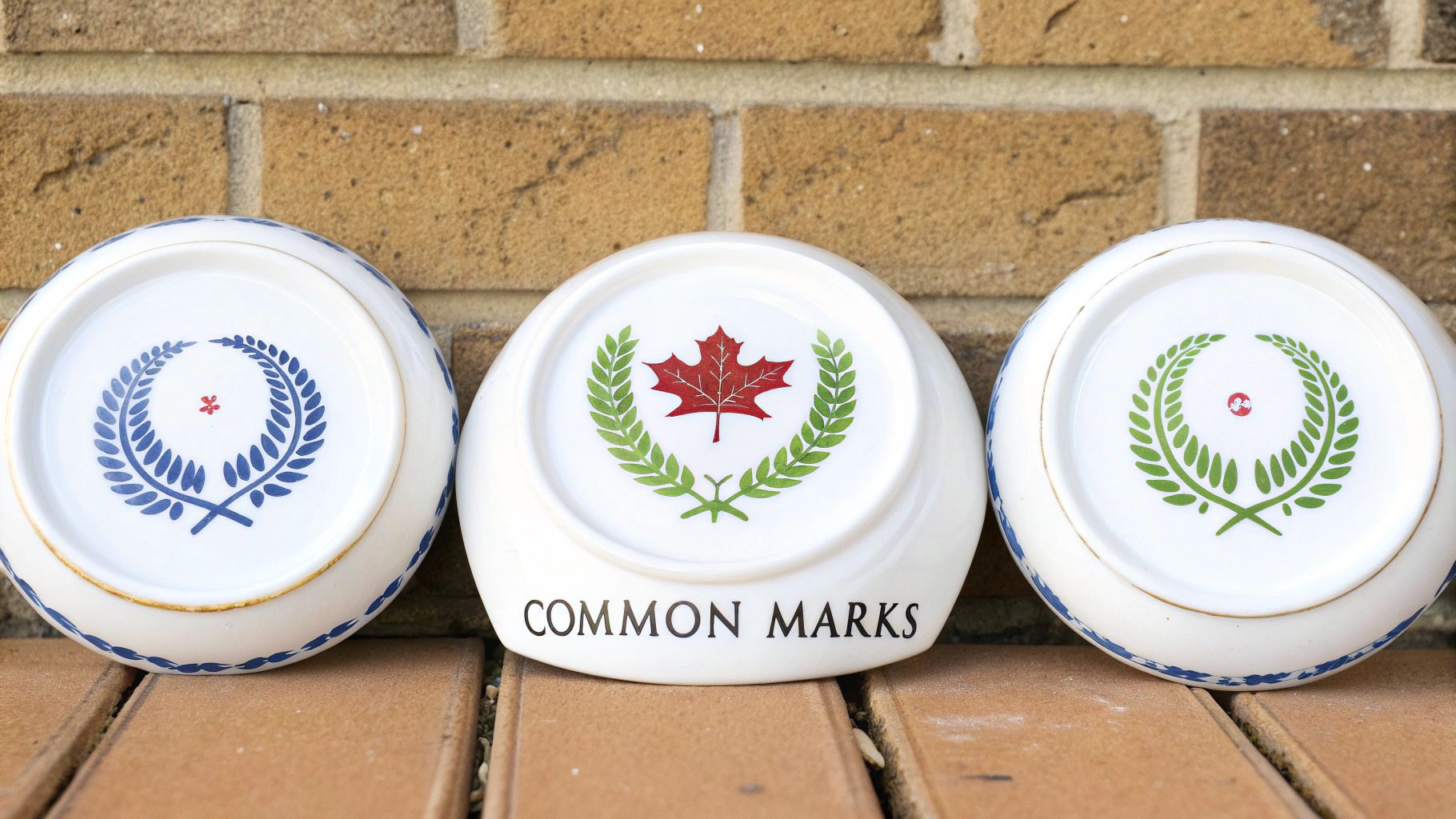 Three white ceramic bowls, upside down, displaying national symbols within laurel wreaths and "COMMON MARKS" text.