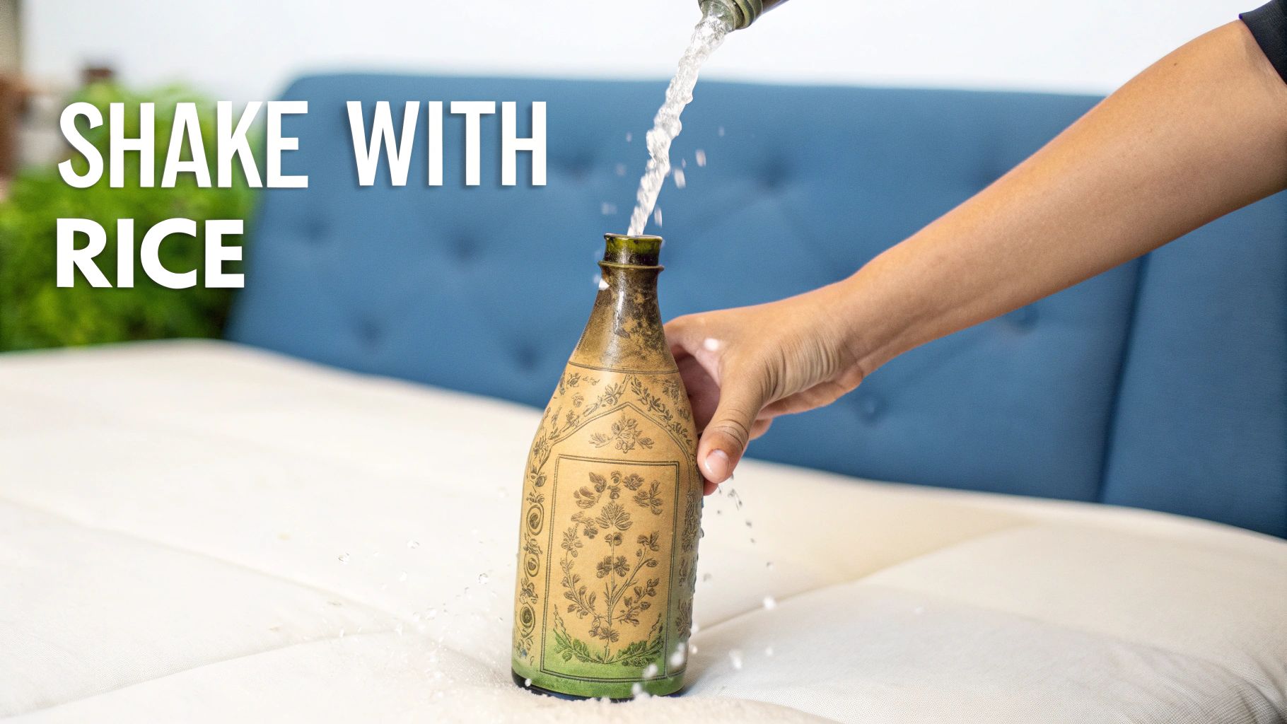 A person swirling a mixture of rice and soapy water inside a narrow-necked antique glass bottle to clean it.