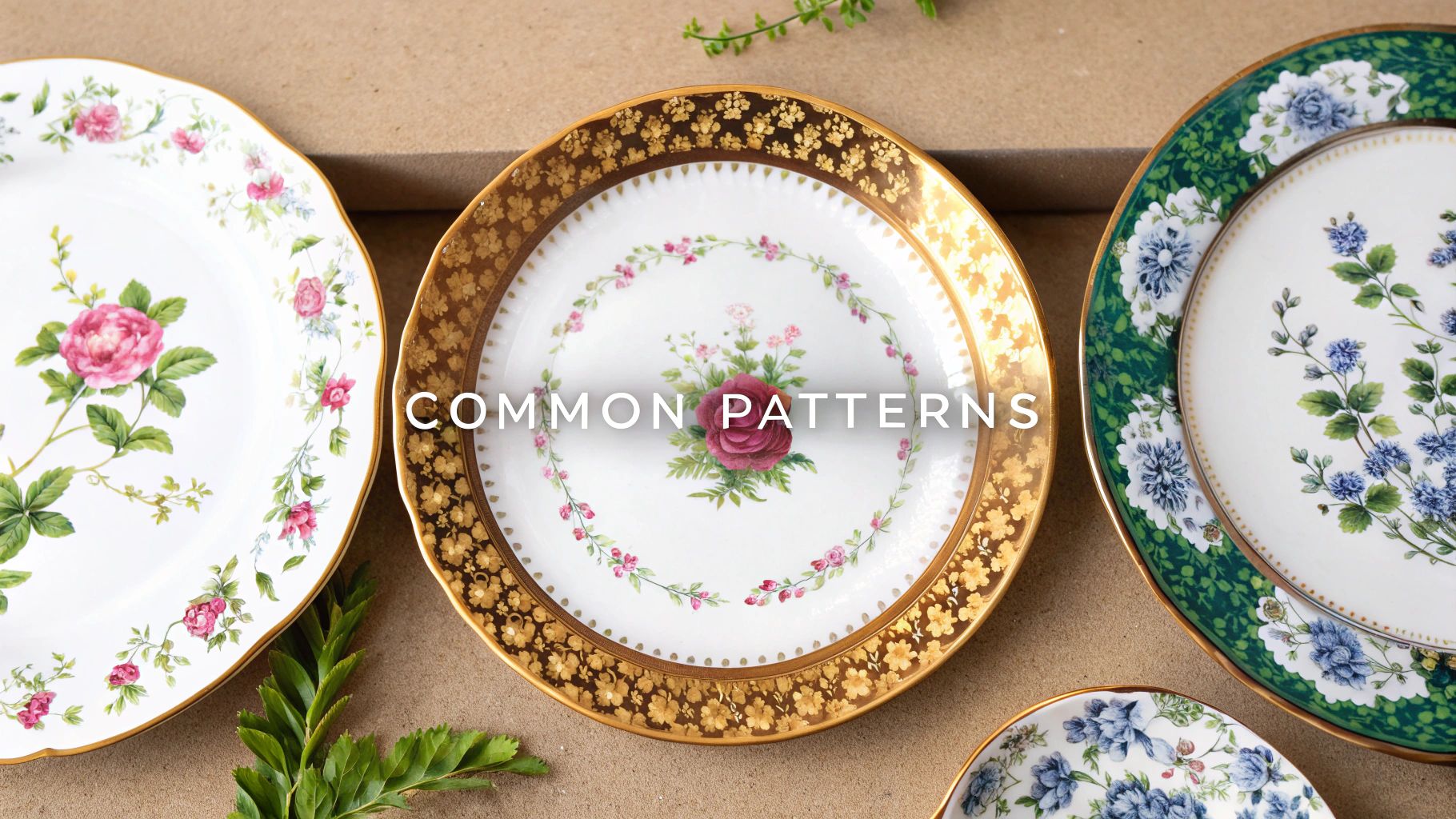 Exquisite floral patterned porcelain plates, including pink roses, blue flowers, and elaborate gold borders.