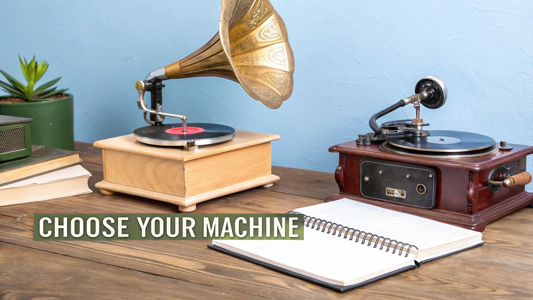 A collector carefully examines a vintage gramophone, deciding on its value and condition.