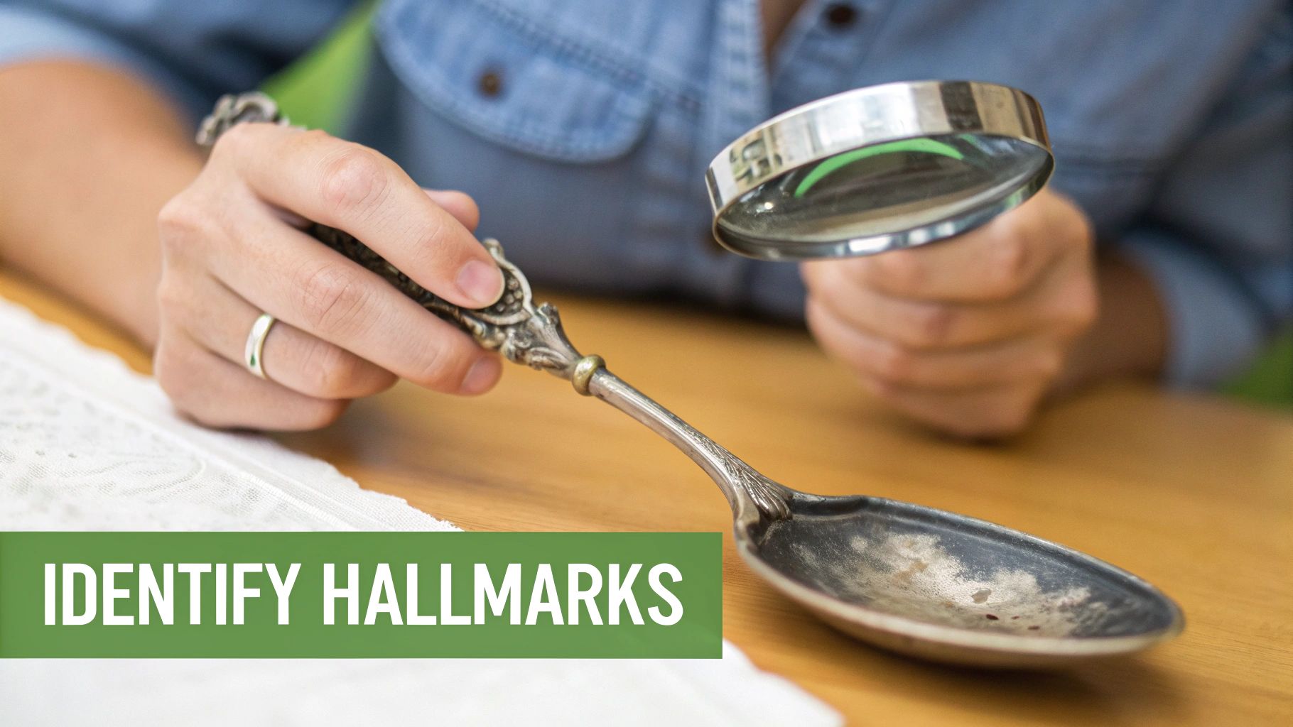 Person examining an ornate antique silver spoon with a magnifying glass to identify hallmarks.