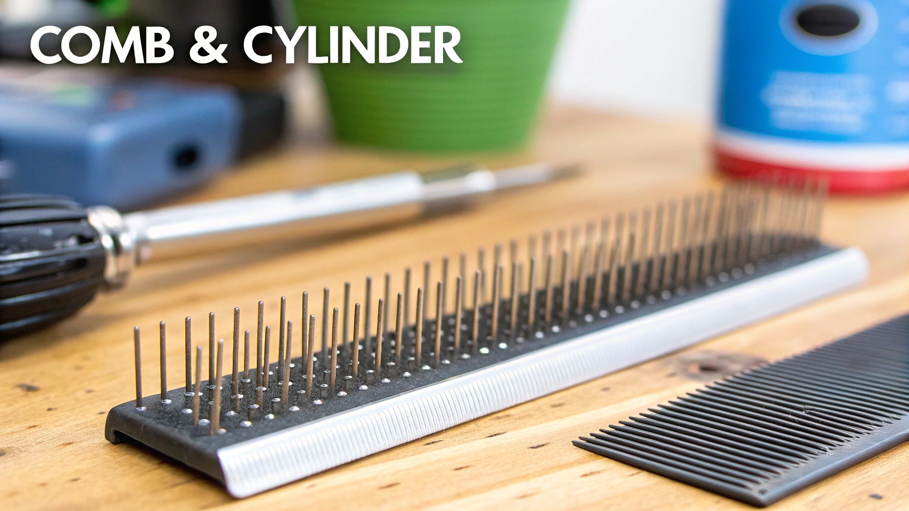 A close-up of two combs on a wooden surface, one with metal pins and a black plastic comb.