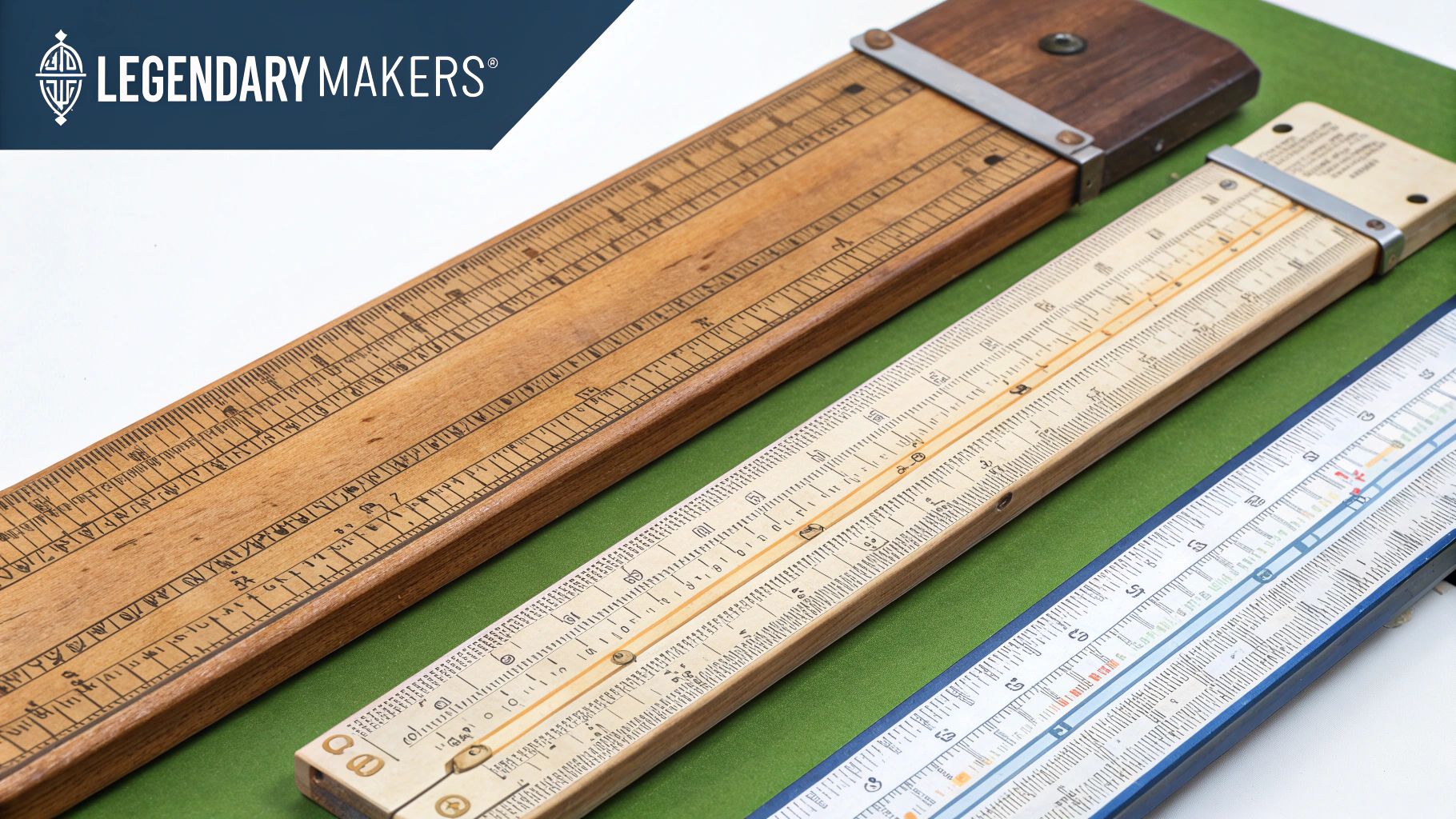 Three antique slide rules made of wood and plastic, displayed as historical calculation instruments.