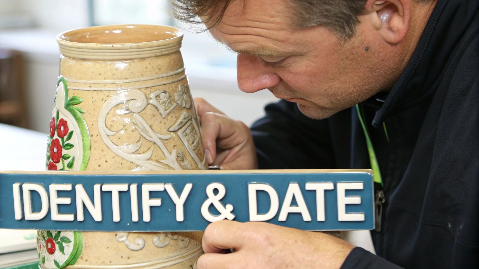 A man intently examines a decorative ceramic stein, with an 'IDENTIFY & DATE' sign.