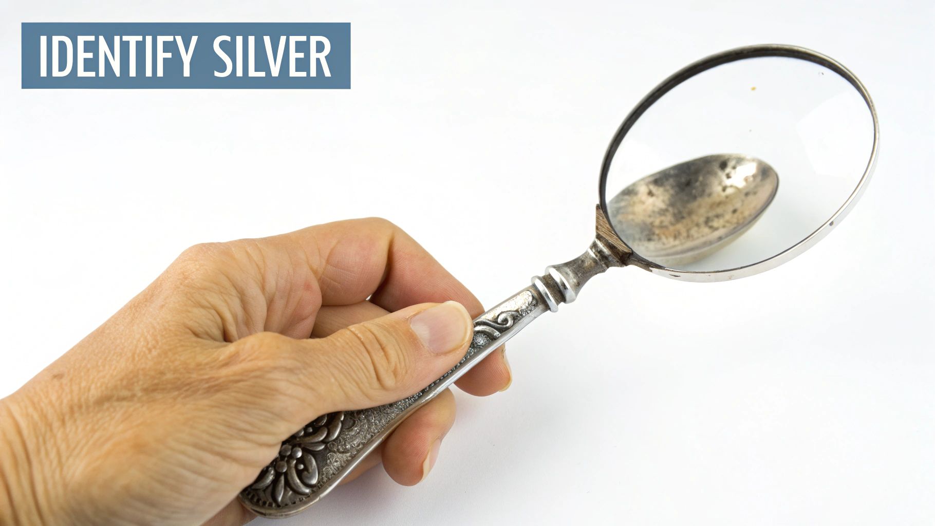 A hand uses a magnifying glass to inspect a tarnished silver spoon, with text 'IDENTIFY SILVER'.