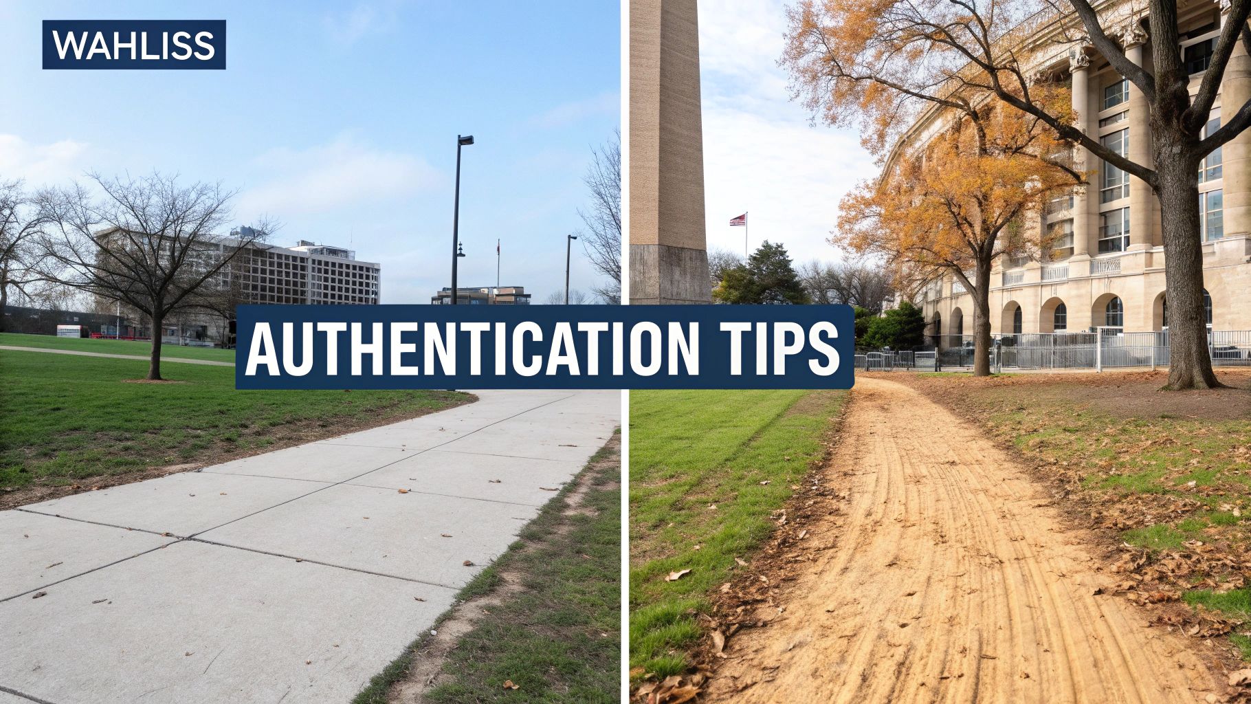Split comparison image showing urban park paths with monument and buildings titled authentication tips