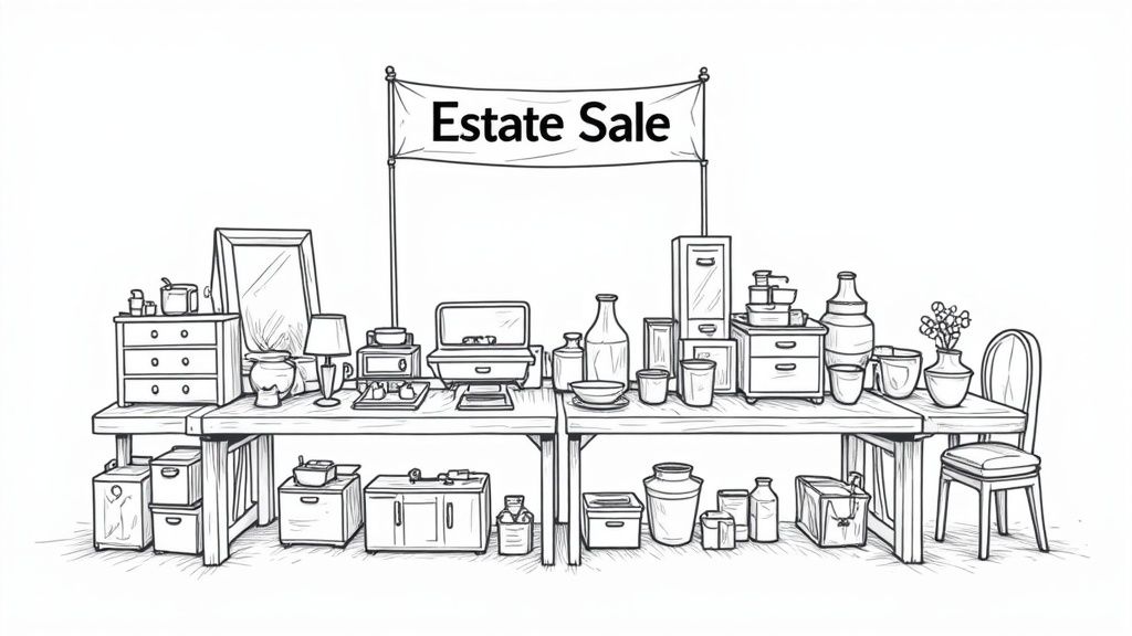 Several smartphones displaying online estate sale listings, showing high-quality photos and engaging descriptions