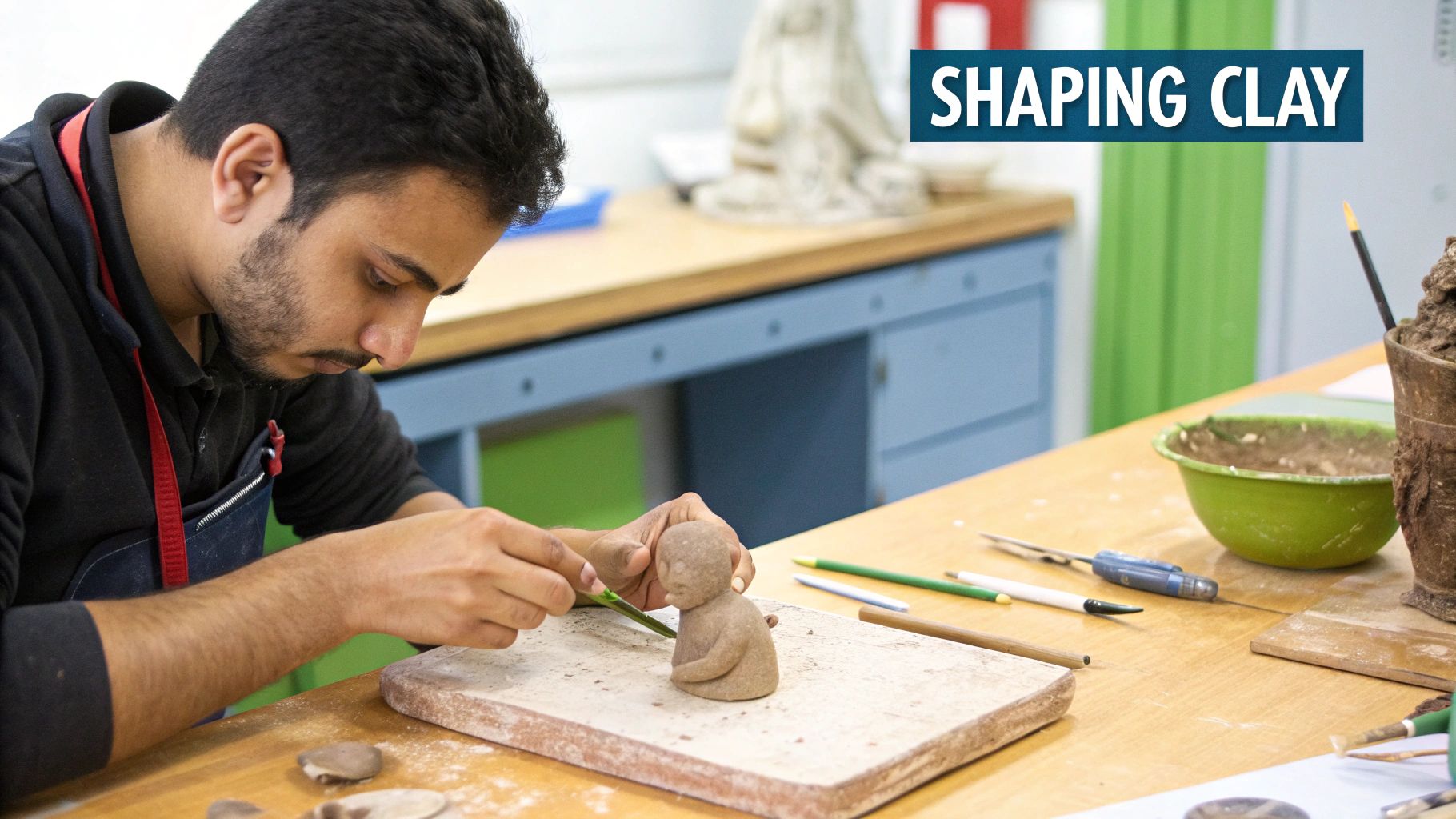 An artist sculpting a clay model of a head, the first step in creating a bronze statue.