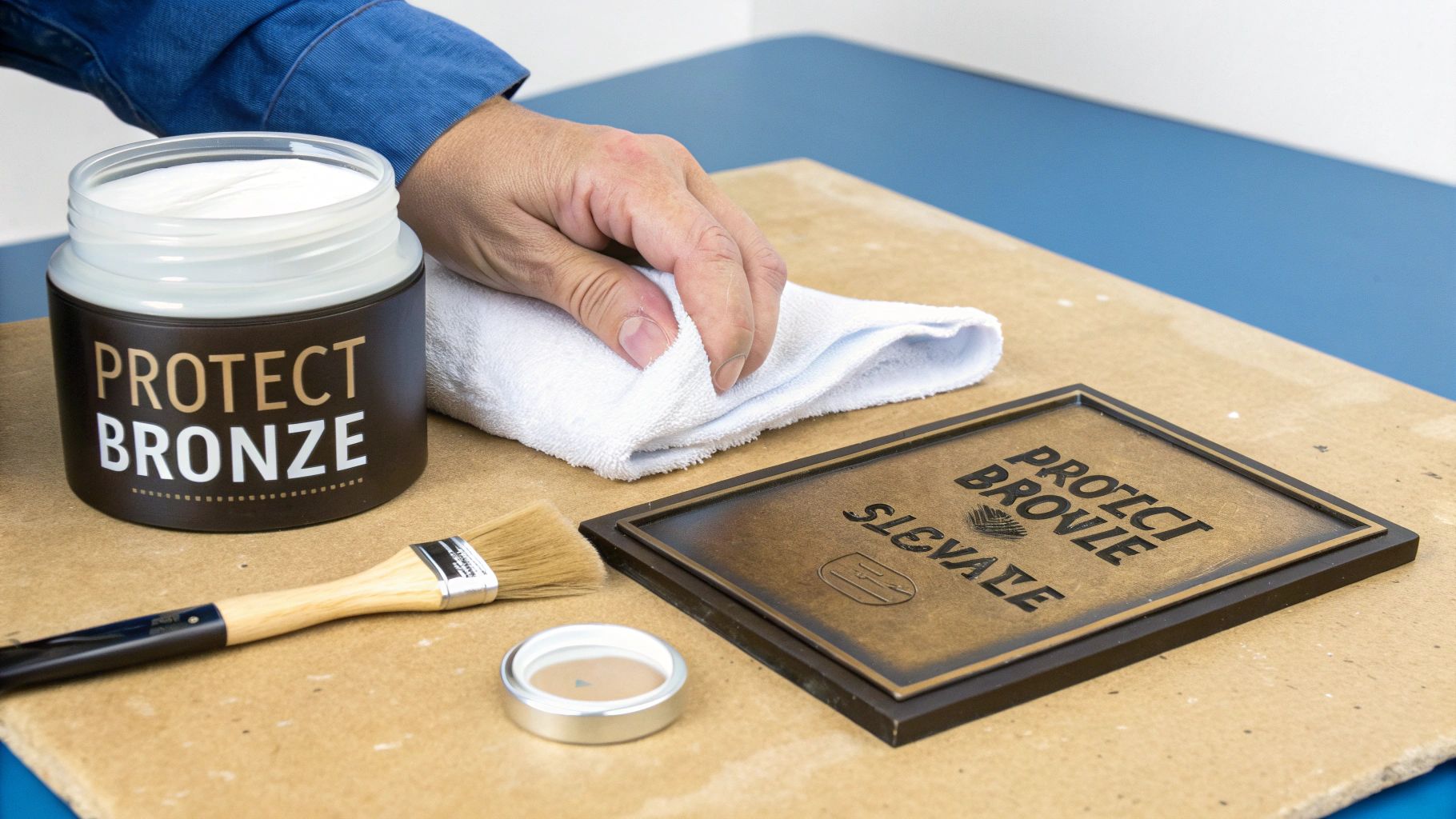 A person cleans a bronze plaque with a white cloth, next to a 'Protect Bronze' jar and paintbrush.