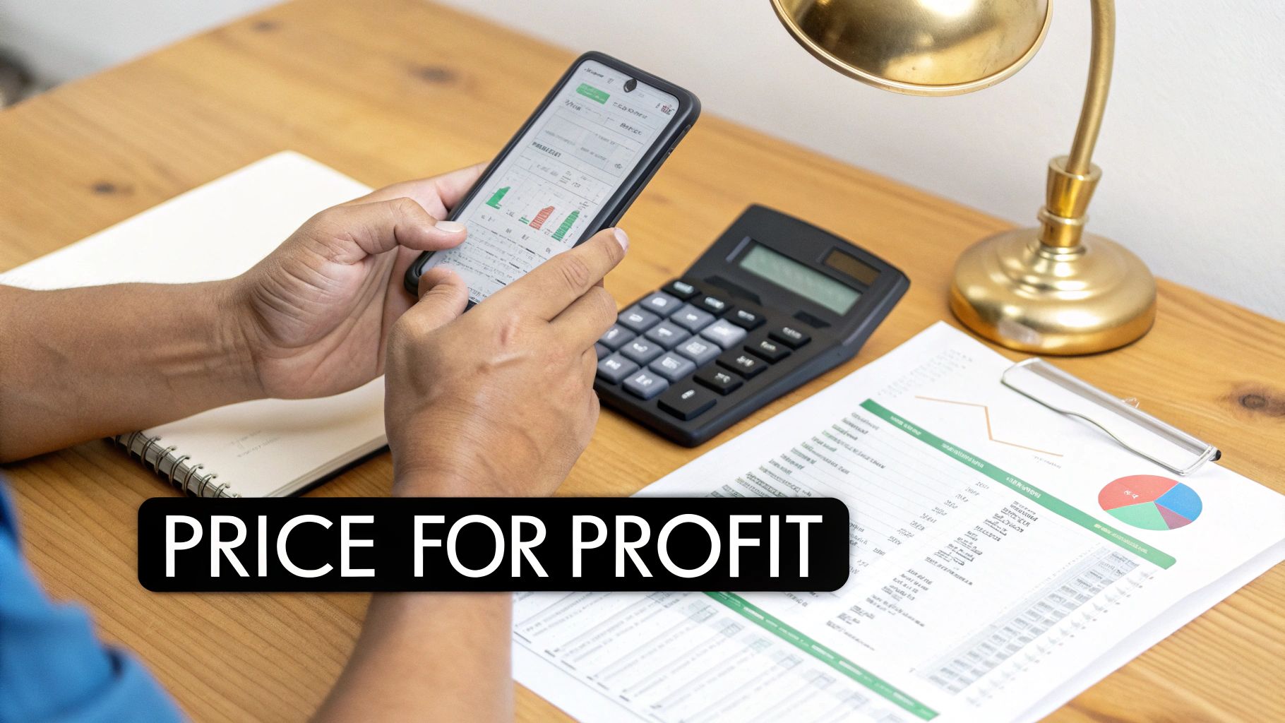 Hands holding a smartphone with financial graphs, a calculator, and business documents on a wooden desk.
