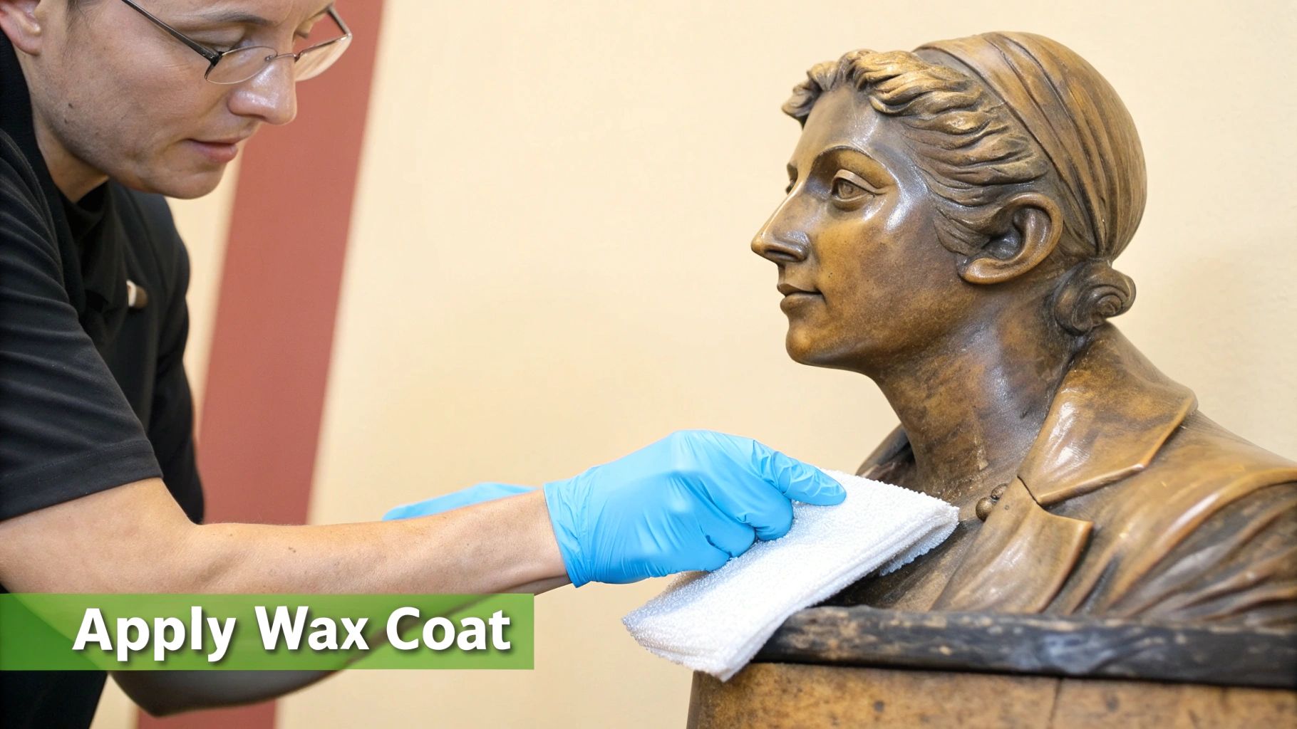 A person wearing blue gloves applies a wax coat to a bronze bust of a woman using a white cloth.