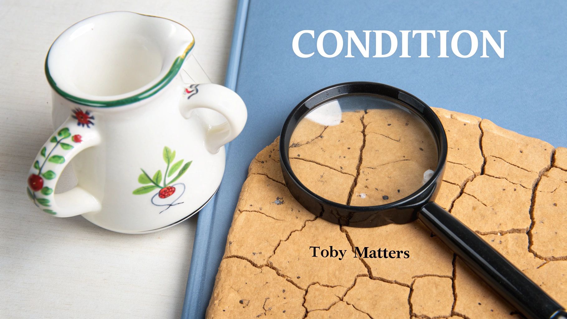 A white pitcher, a blue book titled 'CONDITION', a magnifying glass on cracked earth, and text 'Toby Matters'.