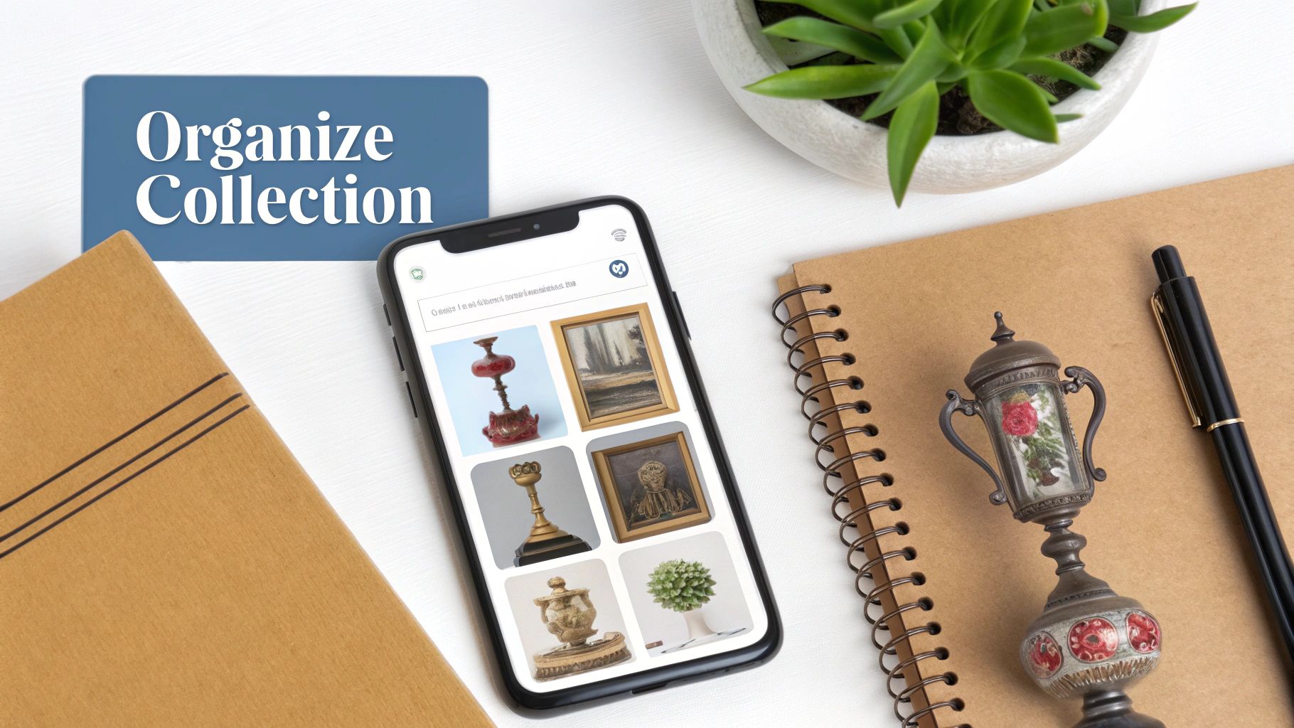 A digital catalog of antiques displayed on a tablet screen, showing photos, descriptions, and values for each item.