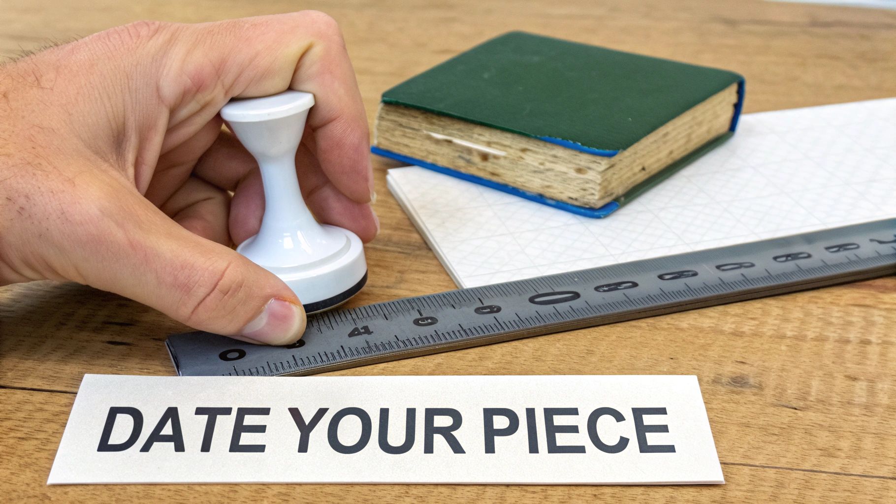 A hand prepares to stamp with a white date stamp near a ruler, book, and 'DATE YOUR PIECE' sign.