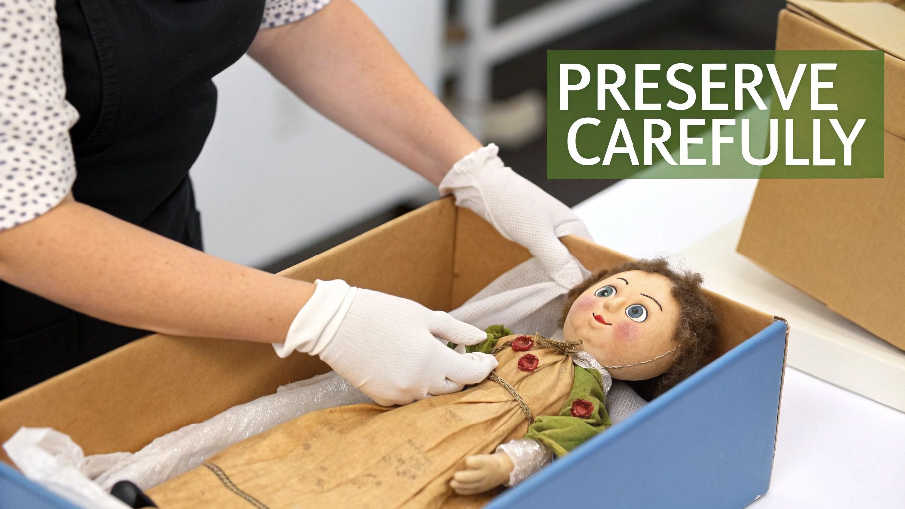 A person wearing white gloves carefully places an antique rag doll into a preservation box.