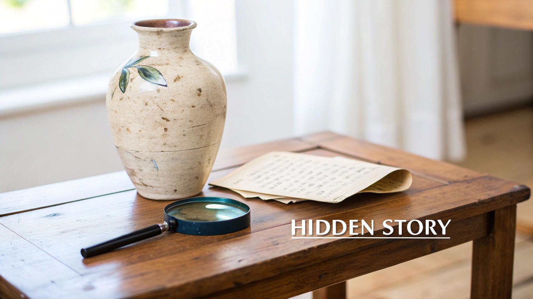 A ceramic vase with leaf design, magnifying glass, and old papers on a wooden table.
