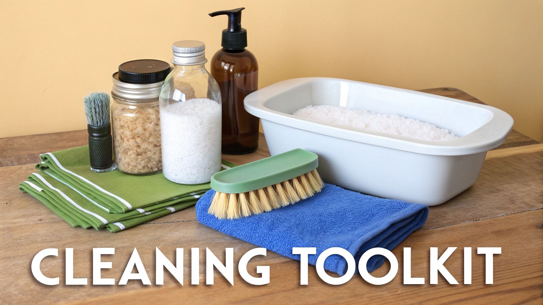 A collection of natural cleaning supplies including brushes, towels, and jars of cleaning powders on a wooden table.