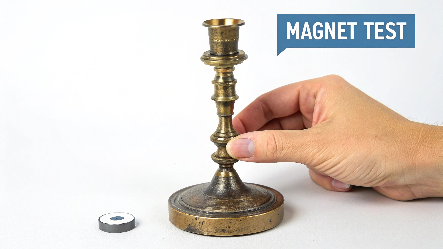 A hand holding a magnet over an antique brass candlestick to test if it's solid brass or plated.