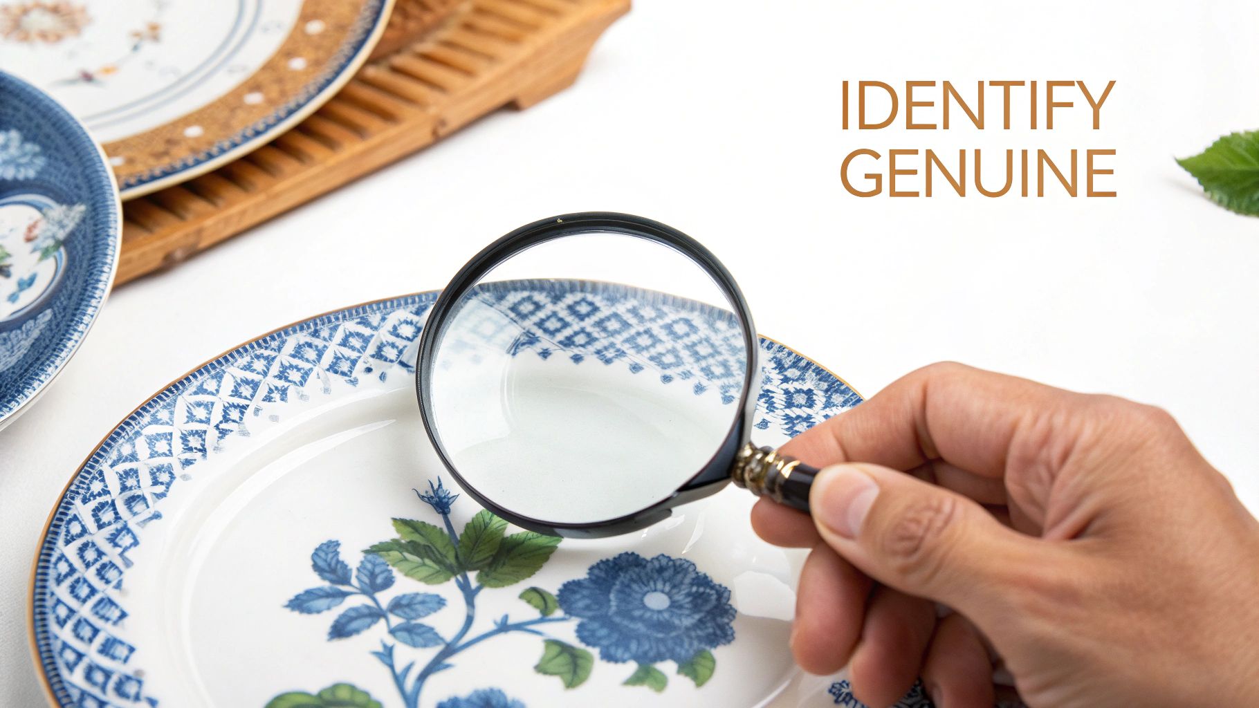 Hand holding magnifying glass examining authentic flow blue dinnerware pattern with floral design