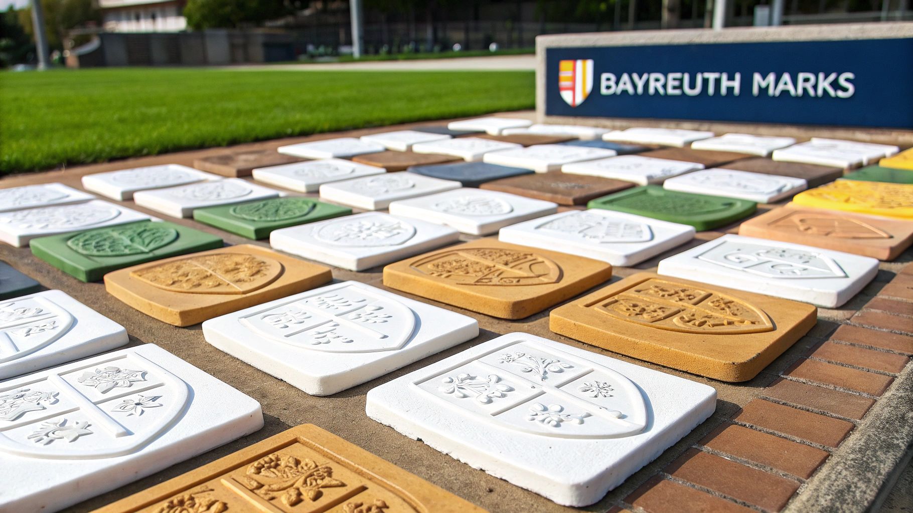 Rows of colorful square tiles with embossed crests next to a 'Bayreuth Marks' sign.