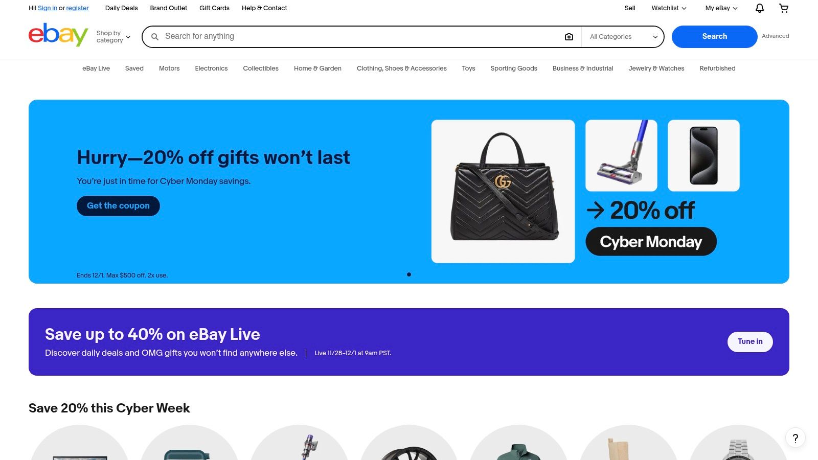 A screenshot of the eBay homepage showing deals on various items, including antiques.