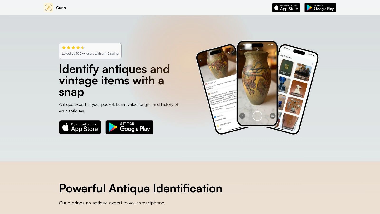 Curio app showcasing its AI-powered identification features for antiques and vintage items.