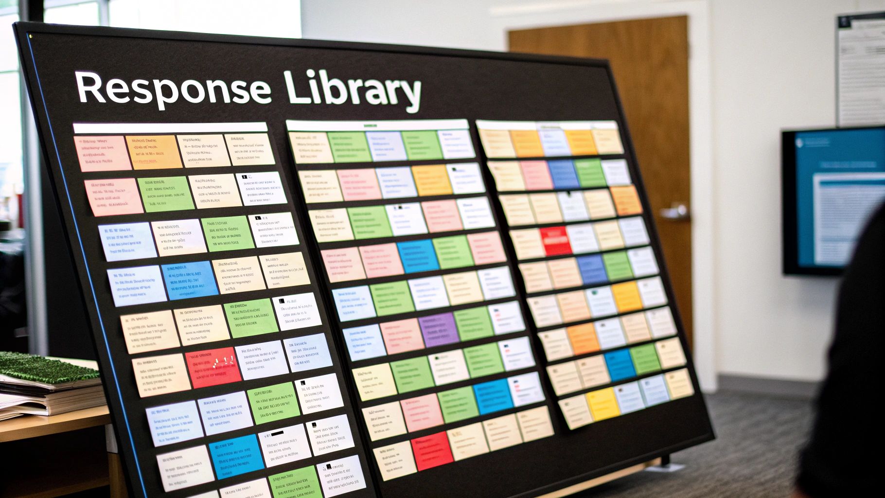 A large black board titled 'Response Library' filled with rows of colorful sticky notes containing various responses.