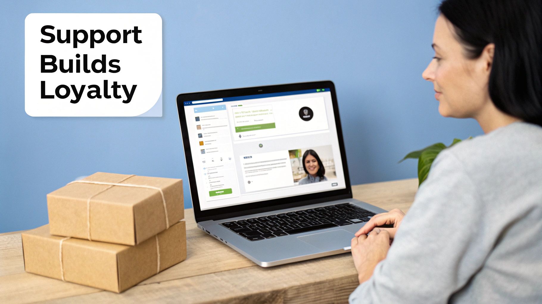 A woman works on a laptop displaying a customer support dashboard, with packages and a loyalty sign.