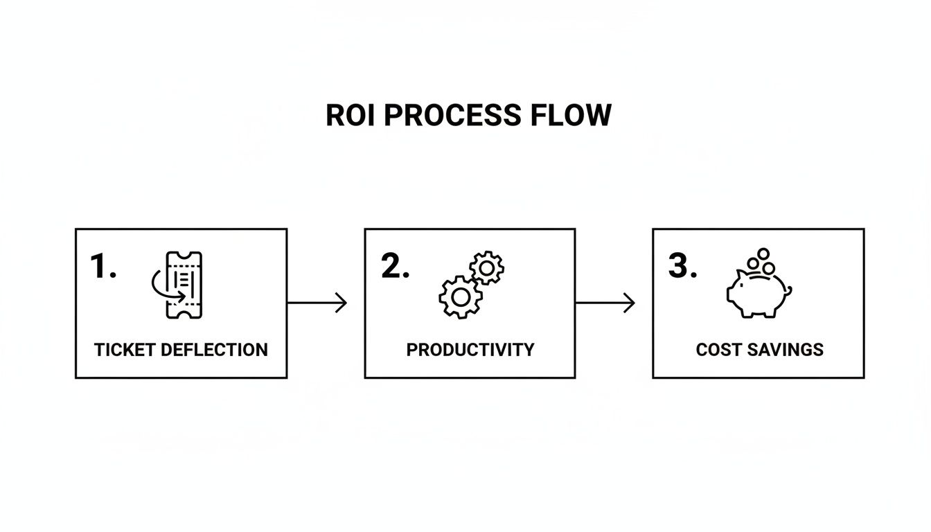 A three-step ROI process flow showing ticket deflection, productivity, and cost savings.