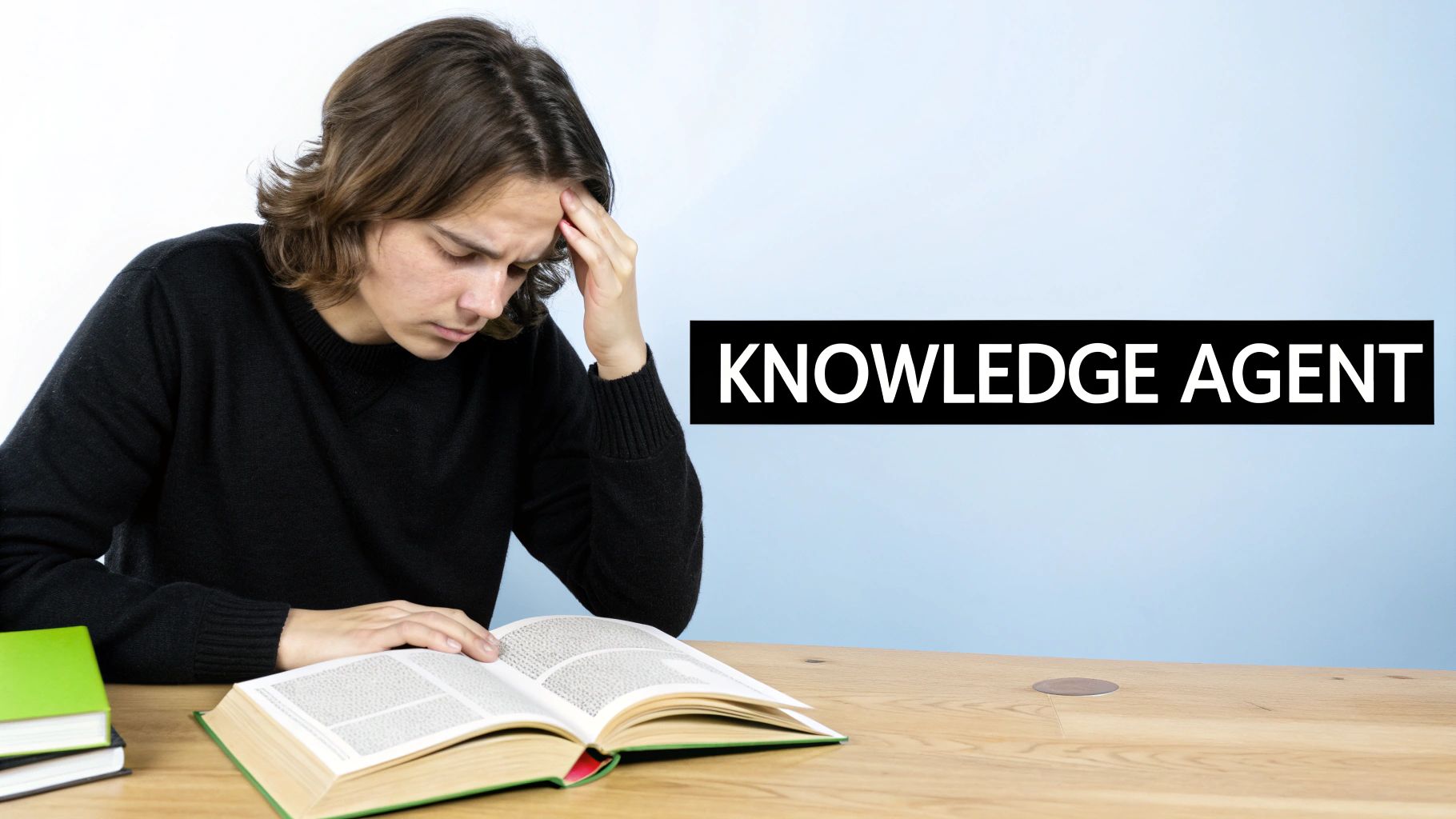 Stressed student reading textbook while studying knowledge agent concepts at wooden desk