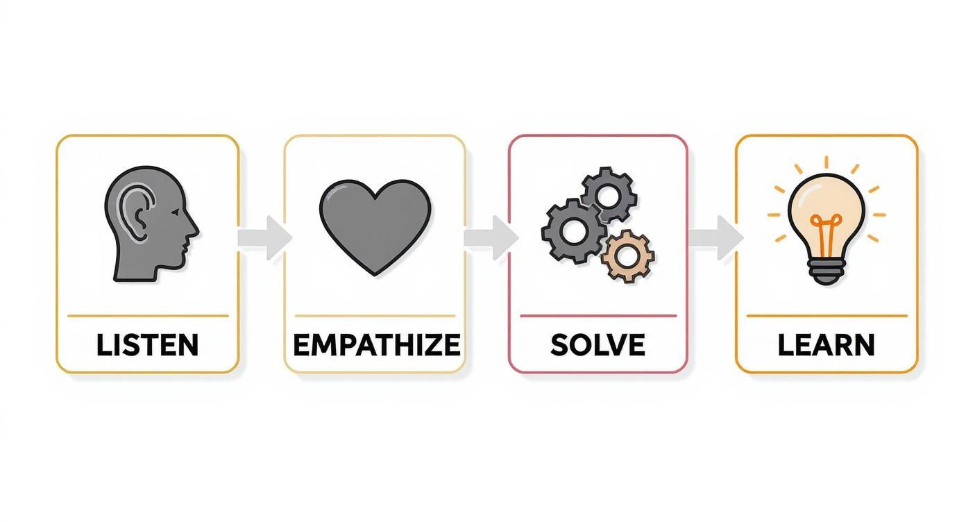 Infographic outlining a four-step process: Listen, Empathize, Solve, Learn, for customer service.