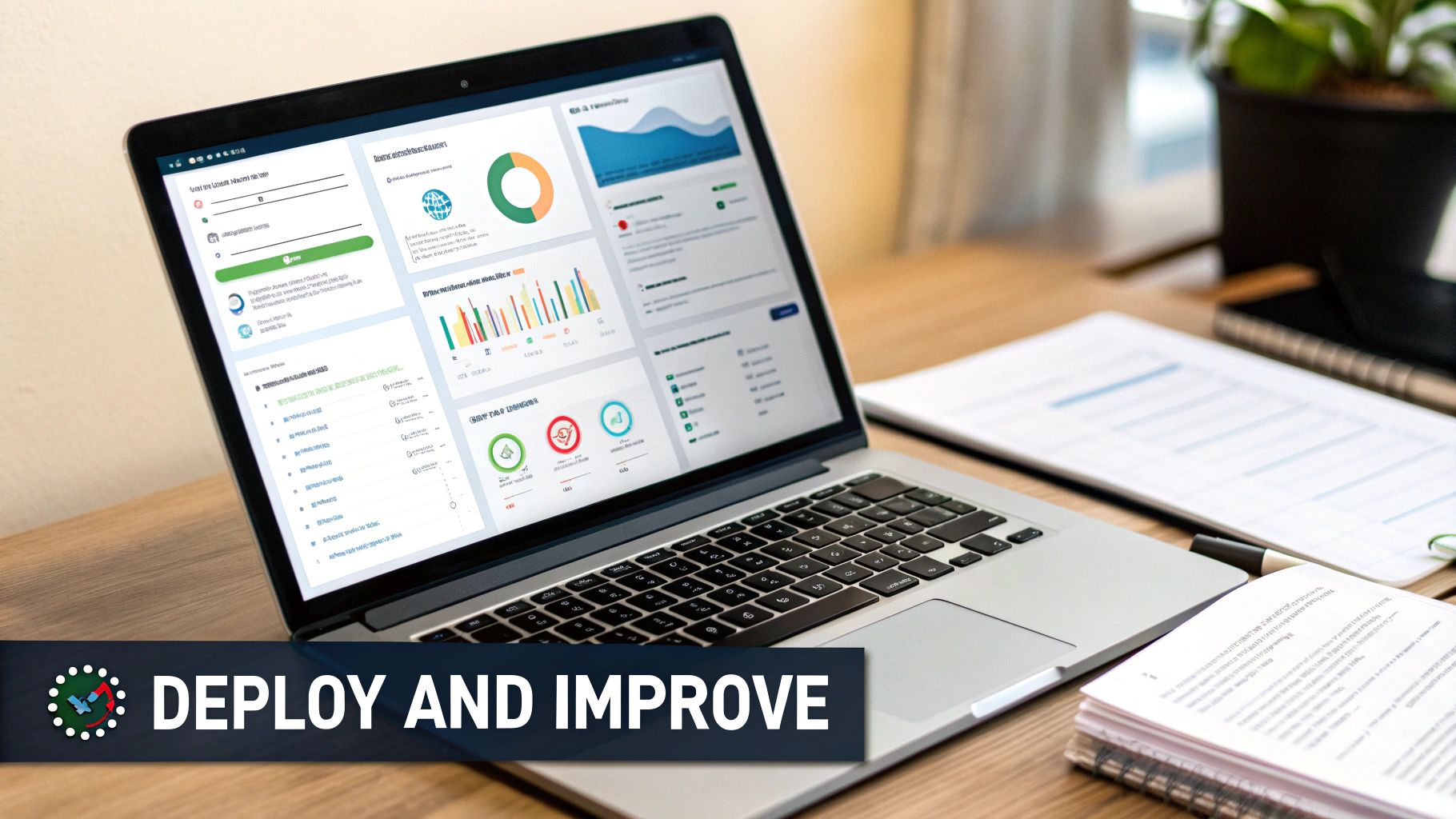 A laptop displays a business data dashboard on a wooden desk with documents, emphasizing deployment and improvement.