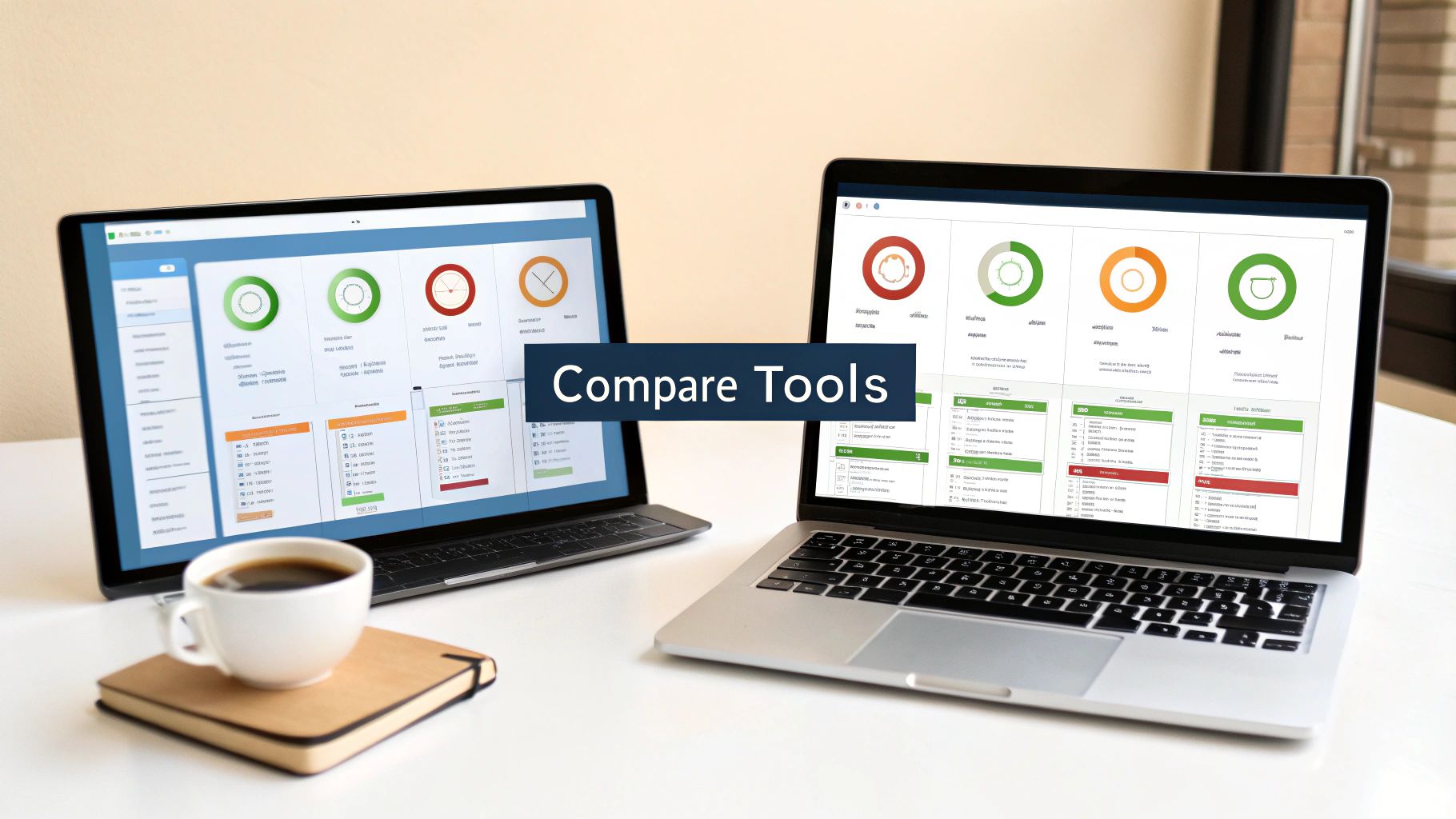 Two laptops displaying comparison dashboards for software tools, with a coffee cup and notebook.