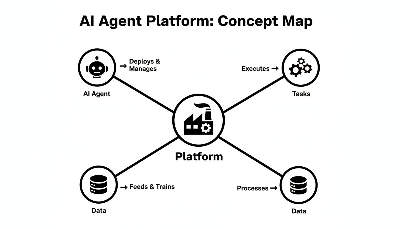 Concept map illustrating an AI Agent Platform, detailing interactions between AI agents, tasks, and data.