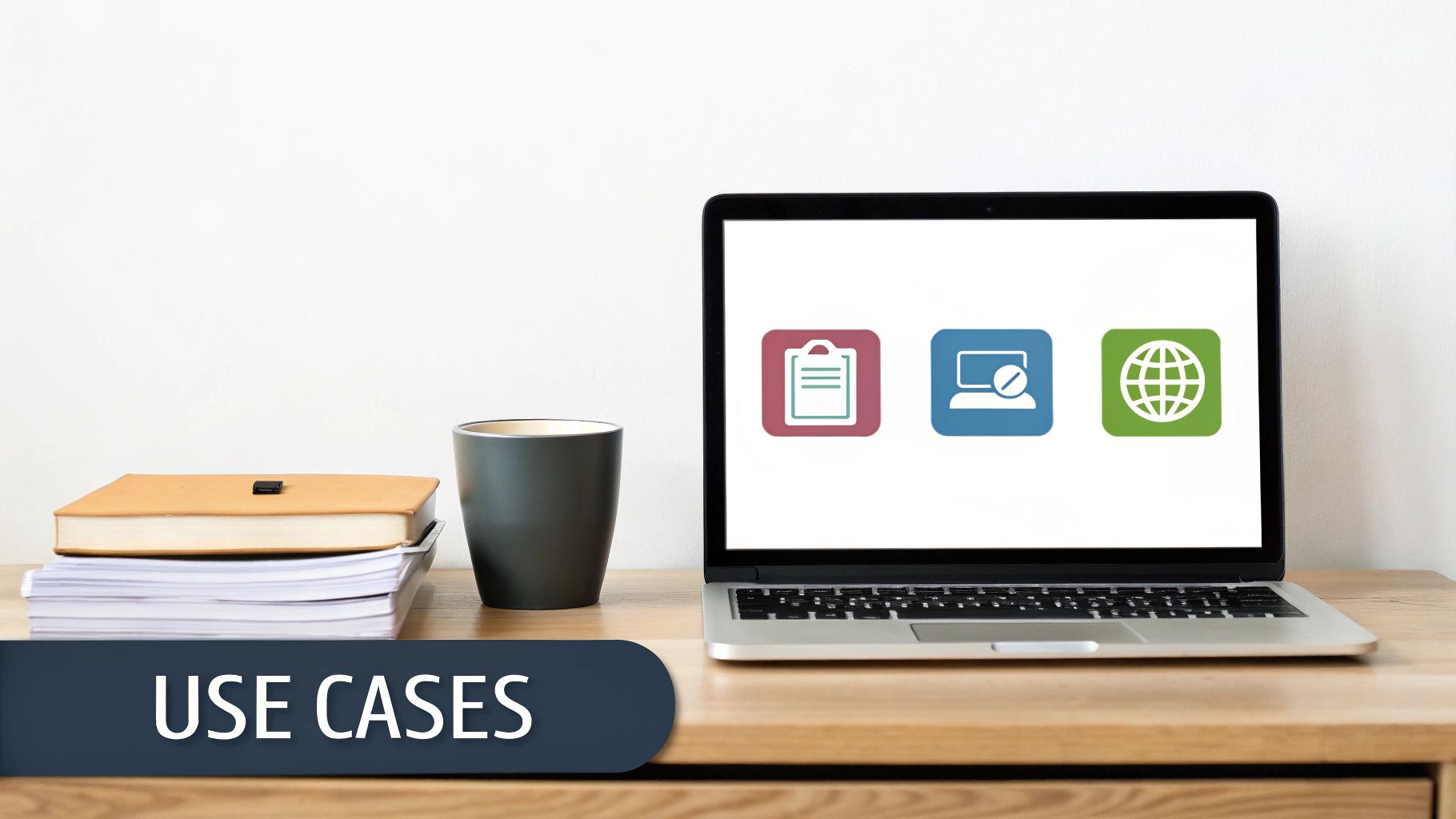 A laptop on a wooden desk displays app icons. Next to it are books, a mug, and a 'USE CASES' banner.