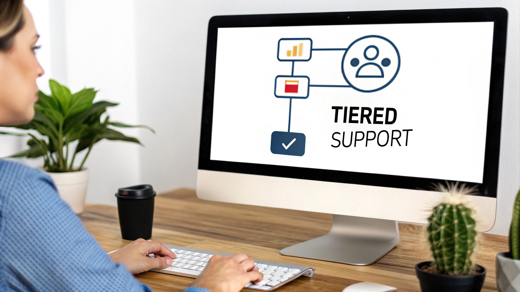 A person types on a keyboard, viewing a computer screen with 'TIERED SUPPORT' infographic.