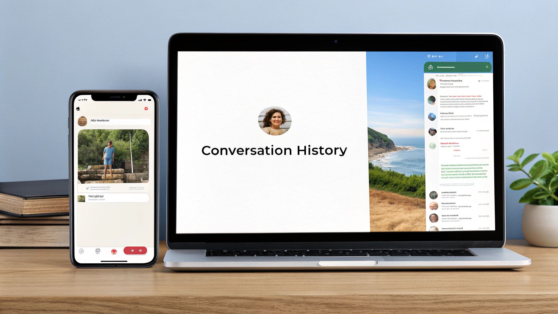A laptop and smartphone displaying conversation history and social media apps on a wooden desk.