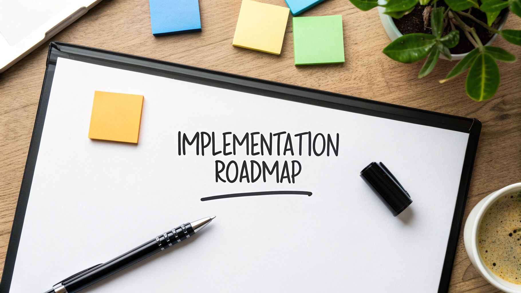 Implementation roadmap document on clipboard with sticky notes and pen on wooden desk workspace