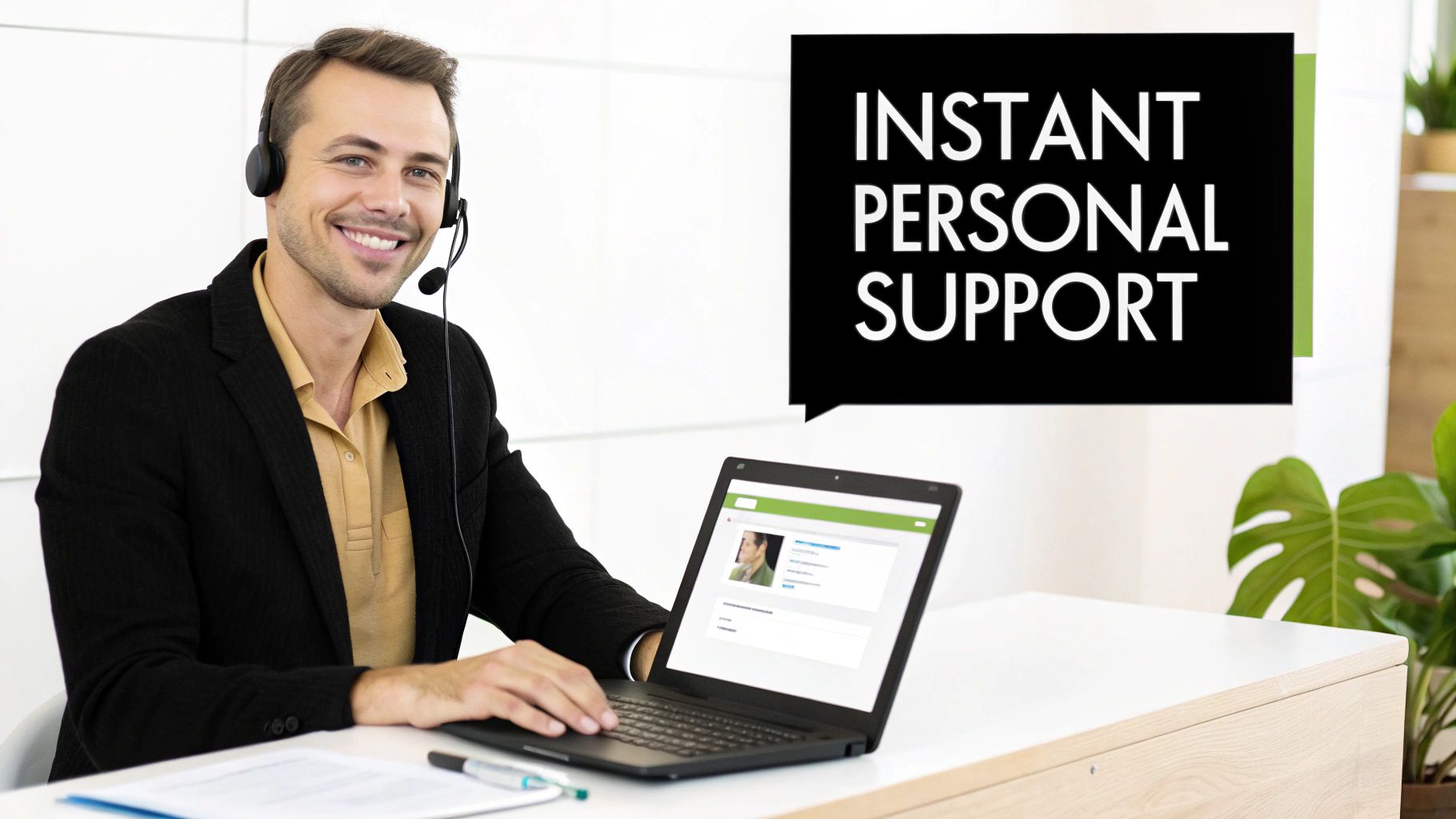 A smiling male support agent with a headset sits at a desk with a laptop, offering instant personal support.